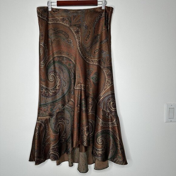 Ralph Lauren 100% Silk Maxi Skirt Size 14 Tulip Paisley Brown Boho Lined - Picture 1 of 9